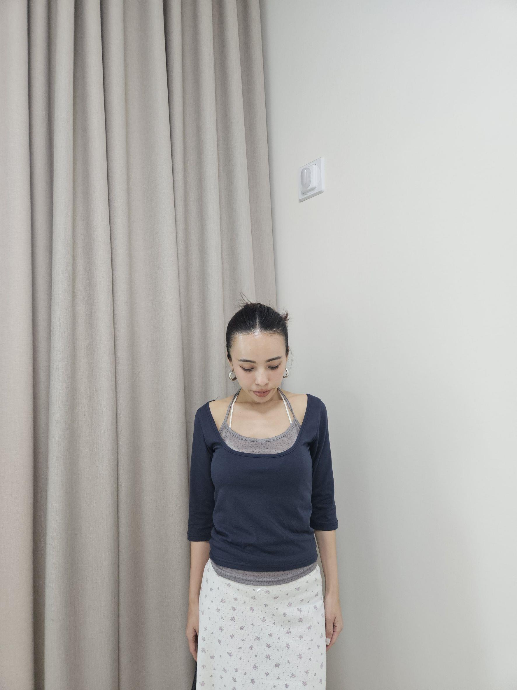 方領七分袖上衣+掛脖背心兩件組